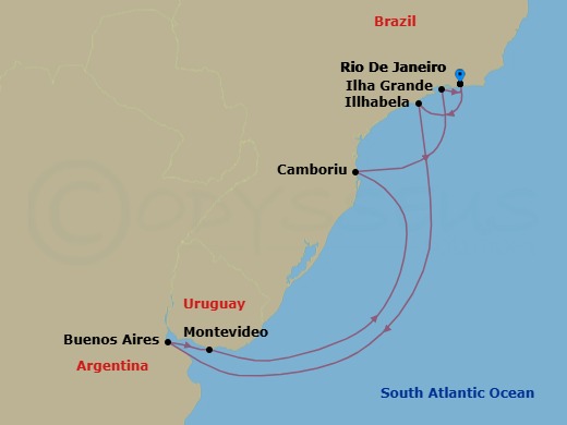 Route map: Rio De Janeiro → Illhabela → Buenos Aires → Montevideo → Camboriu (Brazil) → Copacabana (Rio de Jainero) Brazil → Rio De Janeiro