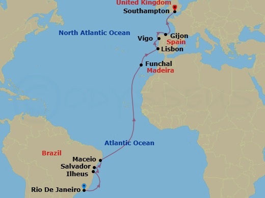 Route map: Rio De Janeiro → Ilheus → Salvador → Maceio → Funchal → Lisbon → Vigo → Gijon → Southampton