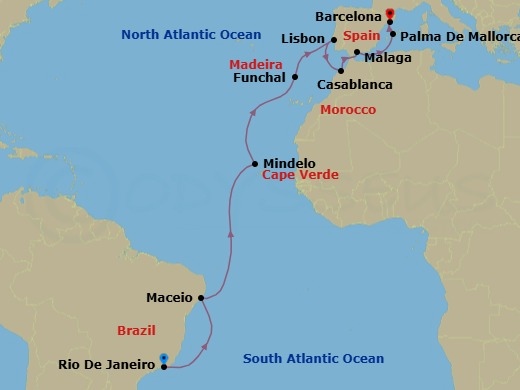 Route map: Rio De Janeiro → Maceio → Mindelo → Funchal → Lisbon → Casablanca → Malaga → Palma De Mallorca → Barcelona