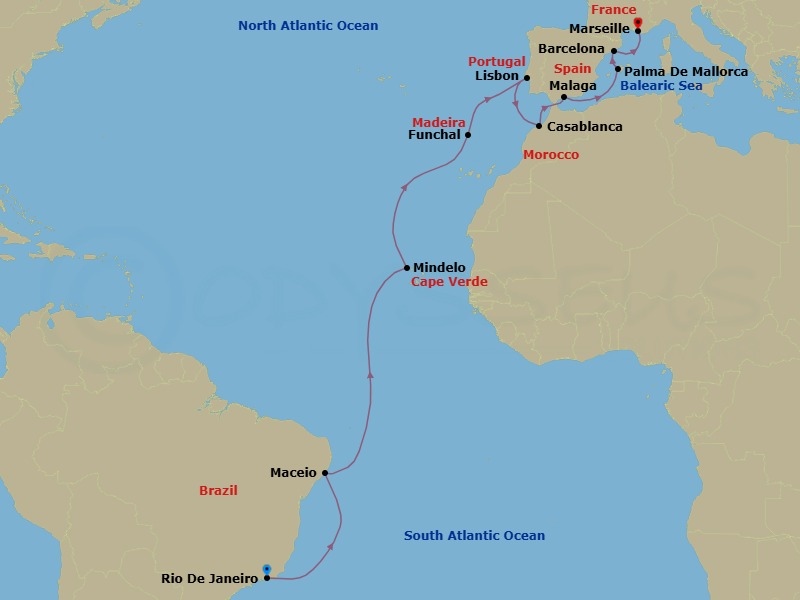 Route map: Rio De Janeiro → Maceio → Mindelo → Funchal → Lisbon → Casablanca → Malaga → Palma De Mallorca → Barcelona → Marseille