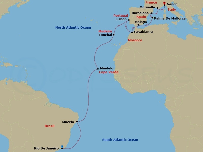 Route map: Rio de Janeiro Brazil → Maceio Brazil → Mindelo Cape Verde → Funchal (Madeira Is) Portugal → Lisbon (Cascais) Portugal → Casablanca (Marrakech) Morocco → Malaga (Granada) Spain → Palma de Mallorca (Baleari Is) Spain → Barcelona Spain → Marseille (Provence) France