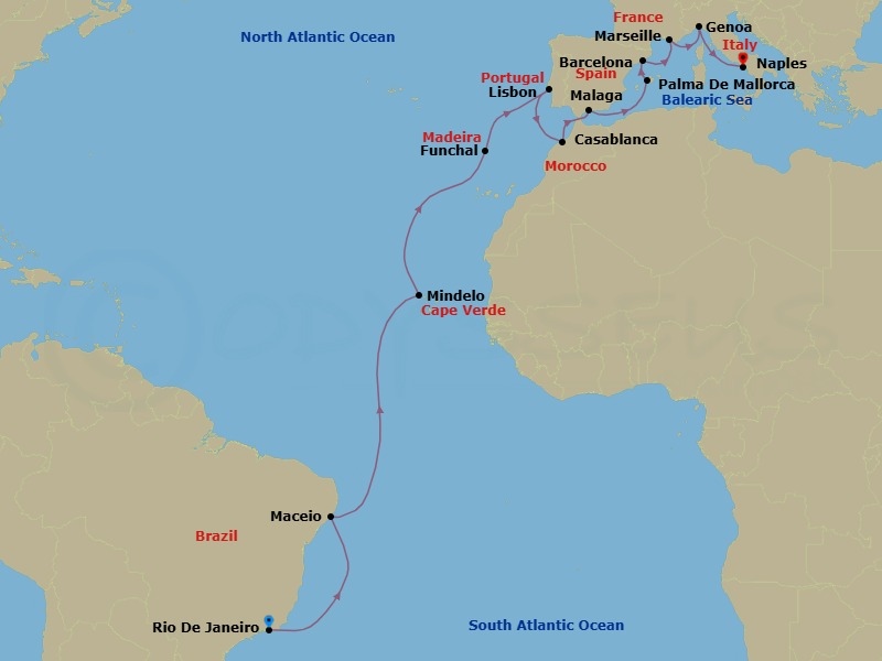 Route map: Rio De Janeiro → Maceio → Mindelo → Funchal → Lisbon → Casablanca → Malaga → Palma De Mallorca → Barcelona → Marseille