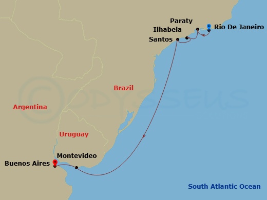 Route map: Rio De Janeiro → Paraty → Ilhabela → Santos (Sao Paulo) → Montevideo → Buenos Aires