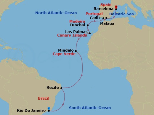 Route map: Rio De Janeiro (Brazil) → Recife (Brazil) → Mindelo | Sao Vicente → Las Palmas (Canary Islands) → Funchal (Madeira) → Cadiz (Spain) → Malaga (Spain) → Barcelona (Spain)