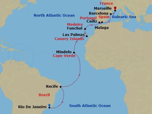 Route map: Rio de Janeiro → Recife → Mindelo (Sao Vicente) → Las Palmas (Gran Canaria) → Funchal (Madeira) → Cadiz → Malaga → Barcelona → Marseille
