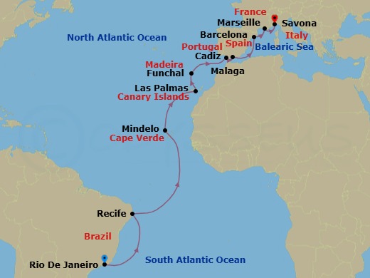 Route map: Rio de Janeiro → Recife → Mindelo (Sao Vicente) → Las Palmas (Gran Canaria) → Funchal (Madeira) → Cadiz → Malaga → Barcelona → Marseille → Savona