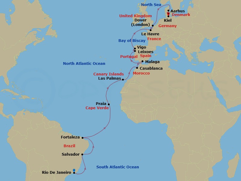 Route map: Rio de Janeiro → SALVADOR BAHIA → FORTALEZA → PRAIA → Las Palmas (Gran Canaria) → Casablanca → Malaga → Leixes (Porto) → Vigo → Le Havre