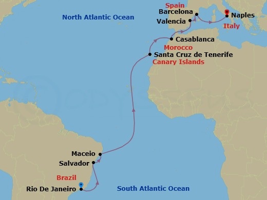 Route map: Rio De Janeiro → Salvador → Maceio → Santa Cruz de Tenerife → Casablanca → Valencia → Barcelona → Naples