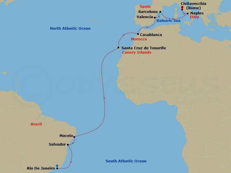 Route map: Rio De Janeiro → Salvador → Maceio → Santa Cruz de Tenerife → Casablanca → Valencia → Barcelona → Naples → Rome (Civitavecchia)