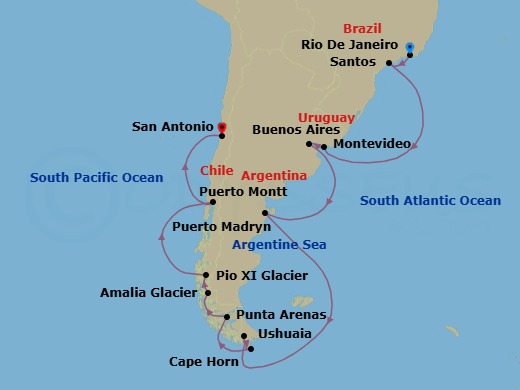 Route map: Rio de Janeiro, Brazil → Santos (tours to Sao Paulo), Brazil → Montevideo, Uruguay → Buenos Aires, Argentina → Puerto Madryn, Argentina → Ushuaia, Argentina → Cape Horn, Chile (Sail By) → Punta Arenas, Chile → Puerto Montt, Chile → San Antonio (tours to Santiago), Chile