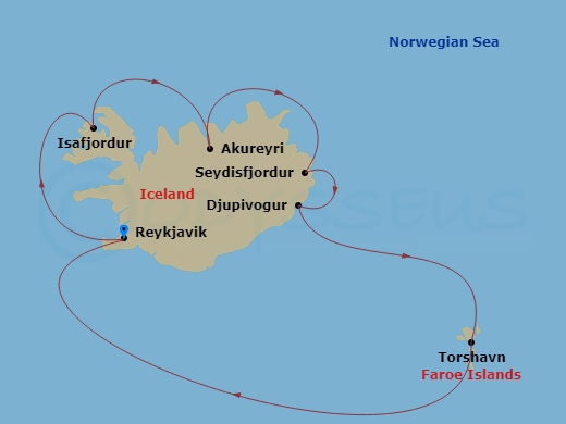 Route map: Reykjavik → Isafjordur → Akureyri → Seydisfjordur → Djupivogur → Thorshavn → Reykjavik