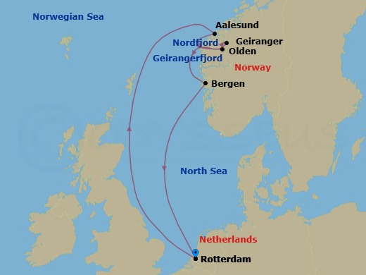 Route map: Rotterdam, The Netherlands → Alesund, Norway → Olden, Norway → Geiranger, Norway → Bergen, Norway → Rotterdam, The Netherlands