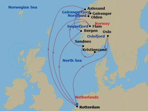 Route map: Rotterdam, The Netherlands → Alesund, Norway → Olden, Norway → Geiranger, Norway → Bergen, Norway → Rotterdam, The Netherlands → Oslo, Norway → Kristiansand, Norway → Sandnes (Stavanger), Norway → Flam, Norway