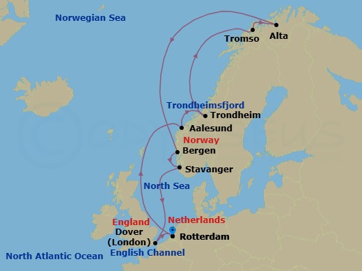 Route map: Rotterdam, The Netherlands → Alesund, Norway → Trondheim, Norway → Tromso, Norway → Alta, Norway → Bergen, Norway → Stavanger, Norway → Dover (London), England, UK → Rotterdam, The Netherlands