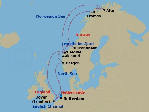Route map: Rotterdam, The Netherlands → Alesund, Norway → Trondheim, Norway → Tromso, Norway → Alta, Norway → Molde, Norway → Bergen, Norway → Dover (London), England, UK → Rotterdam, The Netherlands