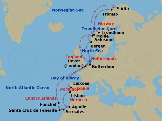 Route map: Rotterdam, The Netherlands → Alesund, Norway → Trondheim, Norway → Tromso, Norway → Alta, Norway → Molde, Norway → Bergen, Norway → Dover (London), England, UK → Rotterdam, The Netherlands → Leixoes (Porto), Portugal