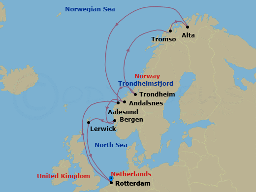Route map: Rotterdam, The Netherlands → Alesund, Norway → Trondheim, Norway → Tromso, Norway → Alta, Norway → Andalsnes, Norway → Bergen, Norway → Lerwick, Shetland Islands, United Kingdom → Rotterdam, The Netherlands