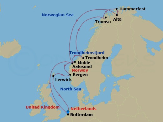 Route map: Rotterdam, The Netherlands → Alesund, Norway → Trondheim, Norway → Tromso, Norway → Hammerfest, Norway → Alta, Norway → Molde, Norway → Bergen, Norway → Lerwick, Shetland Islands, United Kingdom → Rotterdam, The Netherlands
