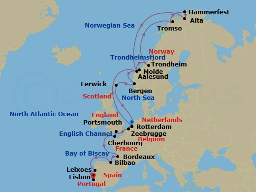 Route map: Rotterdam, The Netherlands → Alesund, Norway → Trondheim, Norway → Tromso, Norway → Hammerfest, Norway → Alta, Norway → Molde, Norway → Bergen, Norway → Lerwick, Shetland Islands, United Kingdom → Rotterdam, The Netherlands