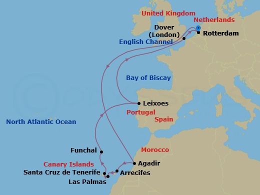 Route map: Rotterdam, The Netherlands → Agadir, Morocco → Arrecife, Lanzarote, Canary Islands, Spain → Las Palmas, Gran Canaria, Canary Islands, Spain → Santa Cruz (Tenerife), Canary Islands, Spain → Funchal (Madeira), Portugal → Leixoes (Porto), Portugal → Dover (London), England, UK → Rotterdam, The Netherlands