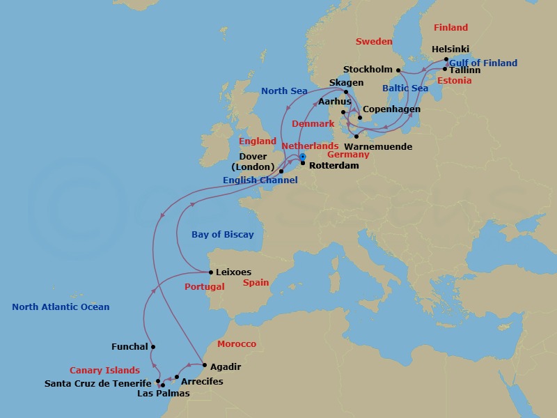 Route map: Rotterdam, The Netherlands → Agadir, Morocco → Arrecife, Lanzarote, Canary Islands, Spain → Las Palmas, Gran Canaria, Canary Islands, Spain → Santa Cruz (Tenerife), Canary Islands, Spain → Funchal (Madeira), Portugal → Leixoes (Porto), Portugal → Dover (London), England, UK → Rotterdam, The Netherlands → Copenhagen, Denmark