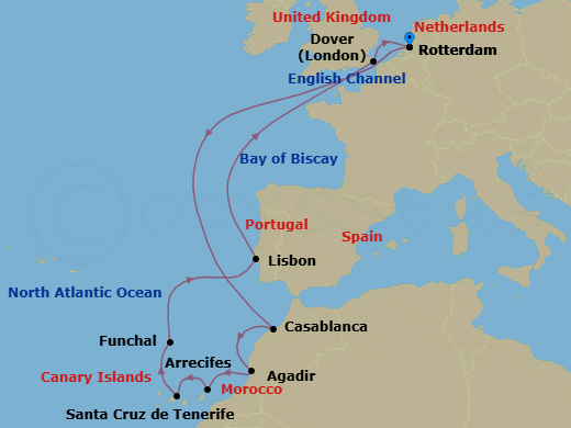 Route map: Rotterdam, The Netherlands → Casablanca, Morocco → Agadir, Morocco → Arrecife, Lanzarote, Canary Islands, Spain → Santa Cruz (Tenerife), Canary Islands, Spain → Funchal (Madeira), Portugal → Lisbon, Portugal → Dover (London), England, UK → Rotterdam, The Netherlands