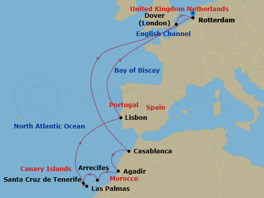 Route map: Rotterdam, The Netherlands → Casablanca, Morocco → Agadir, Morocco → Arrecife, Lanzarote, Canary Islands, Spain → Santa Cruz (Tenerife), Canary Islands, Spain → Las Palmas, Gran Canaria, Canary Islands, Spain → Lisbon, Portugal → Dover (London), England, UK → Rotterdam, The Netherlands