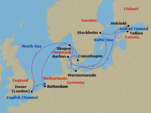 Route map: Rotterdam, The Netherlands → Copenhagen, Denmark → Aarhus, Denmark → Warnemunde (Berlin), Germany → Tallinn, Estonia → Helsinki, Finland → Stockholm, Sweden → Skagen, Denmark → Dover (London), England, UK → Rotterdam, The Netherlands