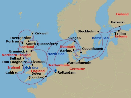 Route map: Rotterdam, The Netherlands → Copenhagen, Denmark → Aarhus, Denmark → Warnemunde (Berlin), Germany → Tallinn, Estonia → Helsinki, Finland → Stockholm, Sweden → Skagen, Denmark → Dover (London), England, UK → Rotterdam, The Netherlands