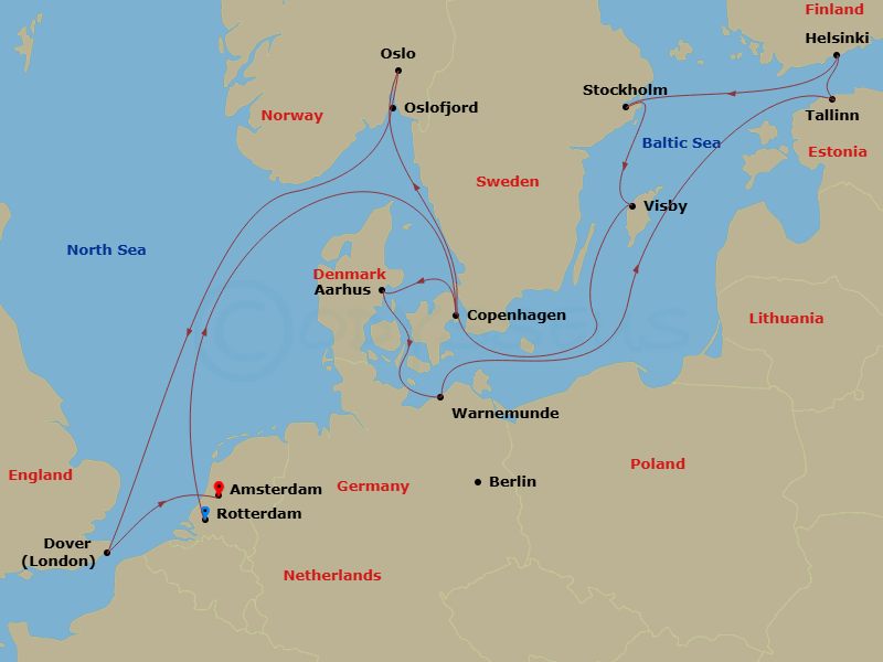 Route map: Rotterdam, The Netherlands → Copenhagen, Denmark → Aarhus, Denmark → Warnemunde (Berlin), Germany → Tallinn, Estonia → Helsinki, Finland → Stockholm, Sweden → Visby, Gotland, Sweden → Oslo, Norway → Dover (London), England, UK