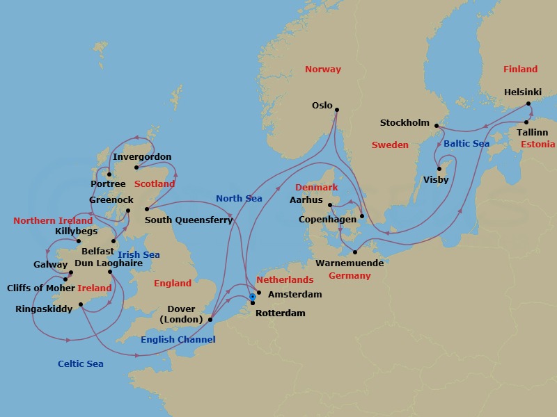 Route map: Rotterdam, The Netherlands → Copenhagen, Denmark → Aarhus, Denmark → Warnemunde (Berlin), Germany → Tallinn, Estonia → Helsinki, Finland → Stockholm, Sweden → Visby, Gotland, Sweden → Oslo, Norway → Dover (London), England, UK