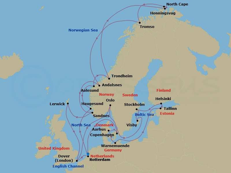 Route map: Rotterdam, The Netherlands → Copenhagen, Denmark → Aarhus, Denmark → Warnemunde (Berlin), Germany → Tallinn, Estonia → Helsinki, Finland → Stockholm, Sweden → Visby, Gotland, Sweden → Oslo, Norway → Dover (London), England, UK