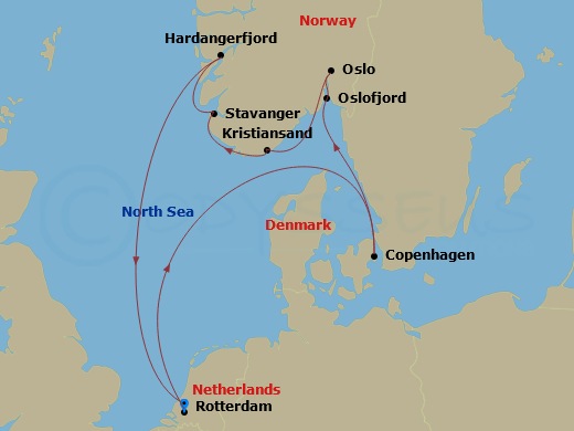 Route map: Rotterdam, The Netherlands → Copenhagen, Denmark → Oslo, Norway → Kristiansand, Norway → Sandnes (Stavanger), Norway → Rotterdam, The Netherlands