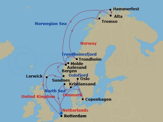 Route map: Rotterdam, The Netherlands → Copenhagen, Denmark → Oslo, Norway → Kristiansand, Norway → Sandnes (Stavanger), Norway → Rotterdam, The Netherlands → Alesund, Norway → Trondheim, Norway → Tromso, Norway → Hammerfest, Norway