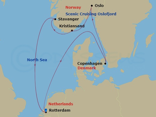 Route map: Rotterdam, The Netherlands → Copenhagen, Denmark → Oslo, Norway → Kristiansand, Norway → Stavanger, Norway → Rotterdam, The Netherlands
