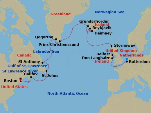 Route map: Rotterdam, The Netherlands → Dun Laoghaire (Dublin), Ireland → Belfast, Northern Ireland, United Kingdom → Stornoway, Isle of Lewis, Scotland, United Kingdom → Reykjavik, Iceland → Heimaey, Westman Islands, Iceland → Grundarfjordur, Iceland → Qaqortoq, Greenland → St Anthony, Newfoundland, Canada → St Johns, Newfoundland, Canada