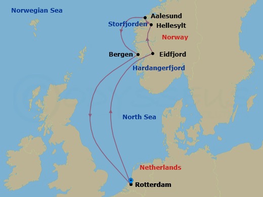 Route map: Rotterdam, The Netherlands → Eidfjord, Norway → Hellesylt, Norway → Alesund, Norway → Bergen, Norway → Rotterdam, The Netherlands