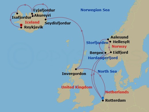 Route map: Rotterdam, The Netherlands → Eidfjord, Norway → Hellesylt, Norway → Alesund, Norway → Bergen, Norway → Rotterdam, The Netherlands → Invergordon (Inverness), Scotland, United Kingdom → Seydisfjordur, Iceland → Akureyri, Iceland → Isafjordur, Iceland