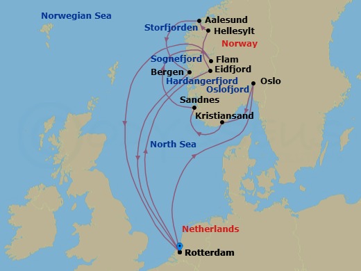 Route map: Rotterdam, The Netherlands → Eidfjord, Norway → Hellesylt, Norway → Alesund, Norway → Bergen, Norway → Rotterdam, The Netherlands → Oslo, Norway → Kristiansand, Norway → Sandnes (Stavanger), Norway → Flam, Norway