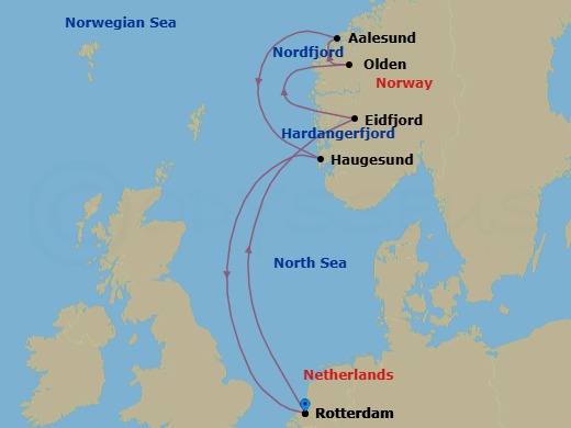 Route map: Rotterdam, The Netherlands → Eidfjord, Norway → Olden, Norway → Alesund, Norway → Haugesund, Norway → Rotterdam, The Netherlands