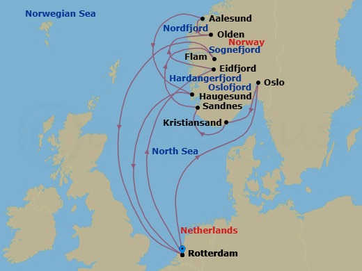 Route map: Rotterdam, The Netherlands → Eidfjord, Norway → Olden, Norway → Alesund, Norway → Haugesund, Norway → Rotterdam, The Netherlands → Oslo, Norway → Kristiansand, Norway → Sandnes (Stavanger), Norway → Flam, Norway