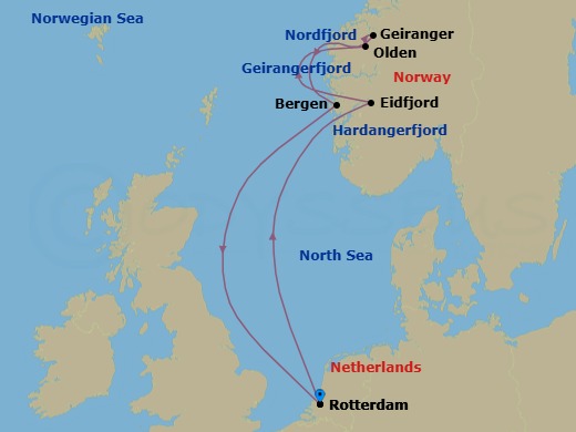Route map: Rotterdam, The Netherlands → Eidfjord, Norway → Olden, Norway → Geiranger, Norway → Bergen, Norway → Rotterdam, The Netherlands