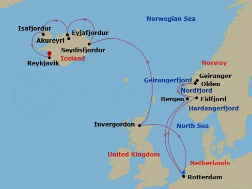 Route map: Rotterdam, The Netherlands → Eidfjord, Norway → Olden, Norway → Geiranger, Norway → Bergen, Norway → Rotterdam, The Netherlands → Invergordon (Inverness), Scotland, United Kingdom → Seydisfjordur, Iceland → Akureyri, Iceland → Isafjordur, Iceland