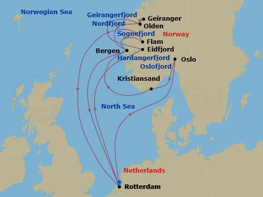 Route map: Rotterdam, The Netherlands → Eidfjord, Norway → Olden, Norway → Geiranger, Norway → Bergen, Norway → Rotterdam, The Netherlands → Oslo, Norway → Kristiansand, Norway → Bergen, Norway → Flam, Norway