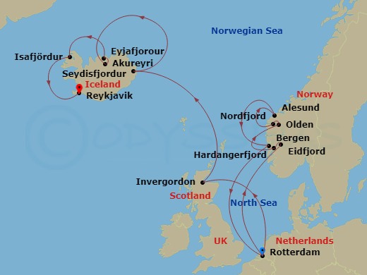Route map: Rotterdam, The Netherlands → Eidfjord, Norway → Olden, Norway → Alesund, Norway → Bergen, Norway → Rotterdam, The Netherlands → Invergordon (Inverness), Scotland, United Kingdom → Seydisfjordur, Iceland → Akureyri, Iceland → Isafjordur, Iceland