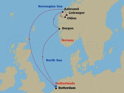 Route map: Rotterdam, The Netherlands → Geiranger, Norway → Olden, Norway → Alesund, Norway → Bergen, Norway → Rotterdam, The Netherlands