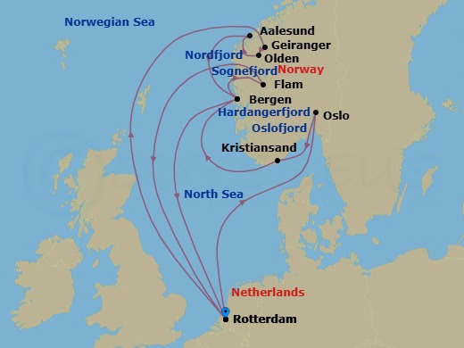 Route map: Rotterdam, The Netherlands → Geiranger, Norway → Olden, Norway → Alesund, Norway → Bergen, Norway → Rotterdam, The Netherlands → Oslo, Norway → Kristiansand, Norway → Bergen, Norway → Flam, Norway