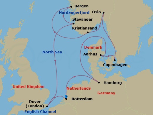 Route map: Rotterdam, The Netherlands → Hamburg, Germany → Aarhus, Denmark → Copenhagen, Denmark → Oslo, Norway → Kristiansand, Norway → Bergen, Norway → Stavanger, Norway → Dover (London), England, UK → Rotterdam, The Netherlands