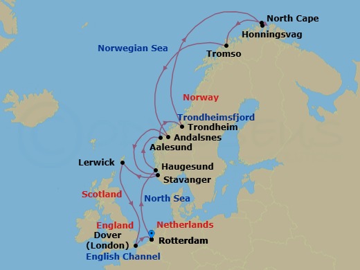 Route map: Rotterdam, The Netherlands → Haugesund, Norway → Alesund, Norway → Trondheim, Norway → Honningsvag, Norway → Tromso, Norway → Andalsnes, Norway → Stavanger, Norway → Lerwick, Shetland Islands, United Kingdom → Dover (London), England, UK