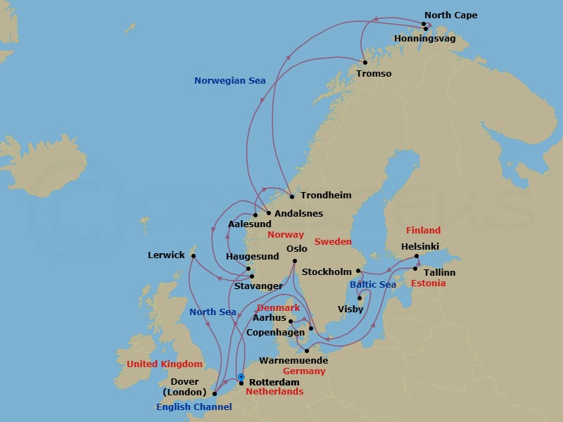 Route map: Rotterdam, The Netherlands → Haugesund, Norway → Alesund, Norway → Trondheim, Norway → Honningsvag, Norway → Tromso, Norway → Andalsnes, Norway → Stavanger, Norway → Lerwick, Shetland Islands, United Kingdom → Dover (London), England, UK